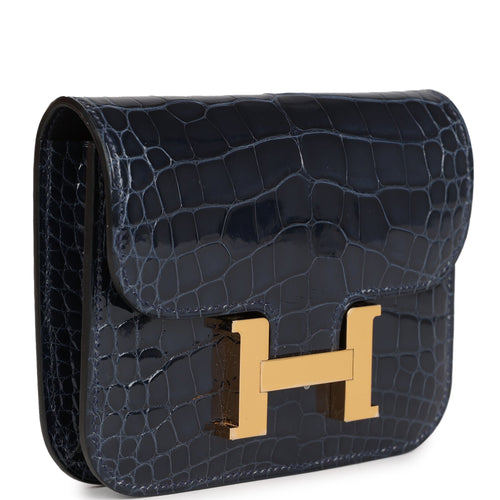 Hermes Constance Slim Wallet Bleu Abysse Shiny Alligator Gold Hardware