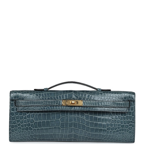 Hermes Kelly Cut Bleu Jean Shiny Porosus Crocodile Gold Hardware