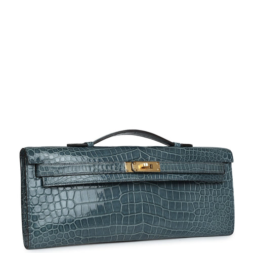 Hermes Kelly Cut Bleu Jean Shiny Porosus Crocodile Gold Hardware