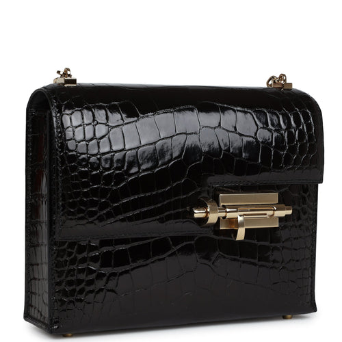 Hermes Mini Verrou Chaine Bag Black Shiny Alligator Gold Hardware