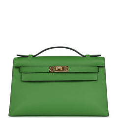 Hermes Kelly Pochette Vert Yucca Swift Gold Hardware