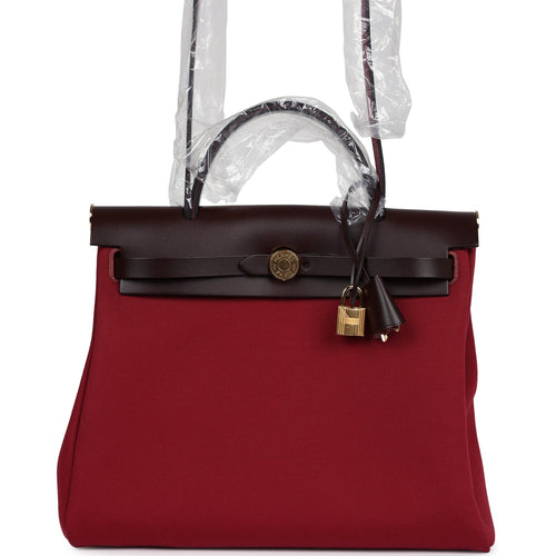 Hermes Herbag Zip 31 PM Rubis Toile and Rouge Sellier Vache Hunter Gold Hardware