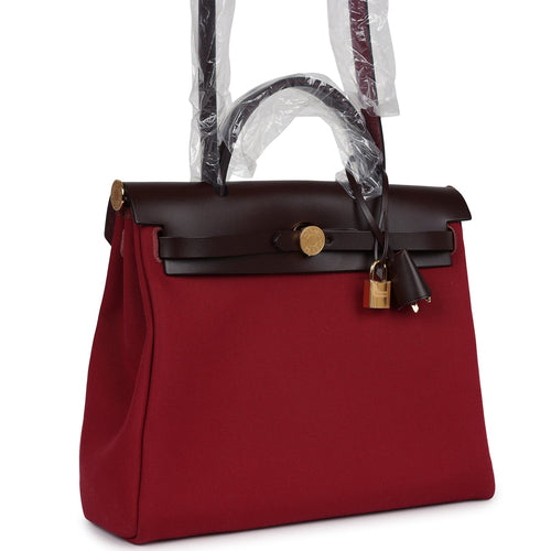 Hermes Herbag Zip 31 PM Rubis Toile and Rouge Sellier Vache Hunter Gold Hardware