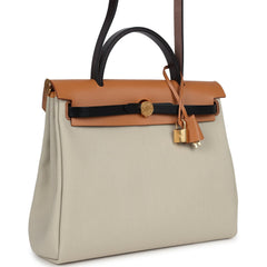 Hermes Herbag Zip 31 PM Ebene/Black/Naturel Sable Hunter & Beton Toile Militaire Gold Hardware