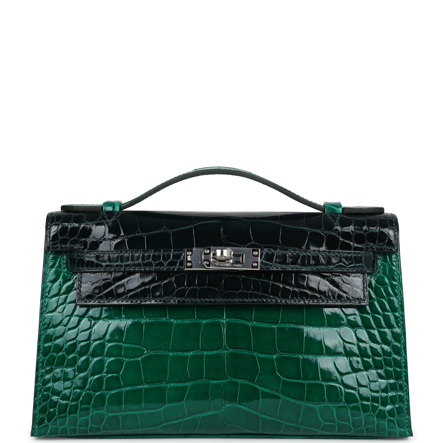 Hermes Kelly Pochette Emerald and Vert Rousseau Shiny Alligator Pallad