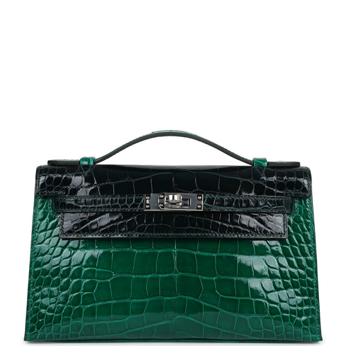Hermes Kelly Pochette Emerald and Vert Rousseau Shiny Alligator Palladium Hardware