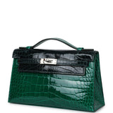 Hermes Kelly Pochette Emerald and Vert Rousseau Shiny Alligator Palladium Hardware