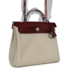 Hermes Herbag Zip 31 PM Rouge H & Beton Military Canvas & Hunter Palladium Lacquered Hardware