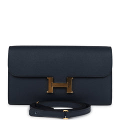 Pre-owned Hermes Constance To Go Wallet Bleu Indigo Epsom Gold Hardware