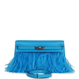 Hermes Kelly Elan Foile Bleu Frida Chevre Chamkila and Ostrich Feathers Palladium Hardware