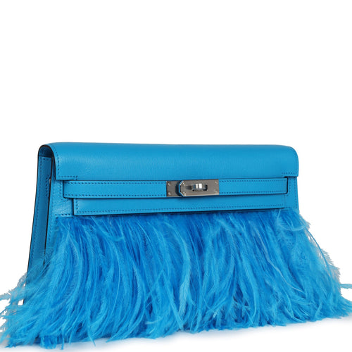 Hermes Kelly Elan Foile Bleu Frida Chevre Chamkila and Ostrich Feathers Palladium Hardware