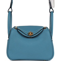 Hermes Mini Lindy Blue Jean Clemence Gold Hardware