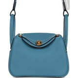 Hermes Mini Lindy Blue Jean Clemence Gold Hardware