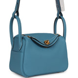 Hermes Mini Lindy Blue Jean Clemence Gold Hardware