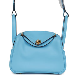 Hermes Mini Lindy Celeste Swift Gold Hardware