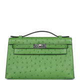 Hermes Kelly Pochette Vert Yucca Ostrich Palladium Hardware