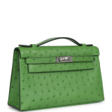 Hermes Kelly Pochette Vert Yucca Ostrich Palladium Hardware