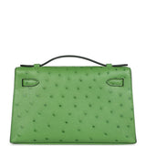 Hermes Kelly Pochette Vert Yucca Ostrich Palladium Hardware