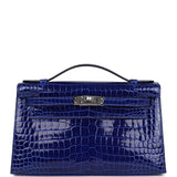 Hermes Kelly Pochette Bleu Electric Shiny Porosus Crocodile Palladium Hardware