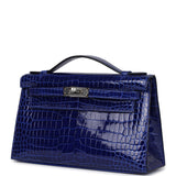 Hermes Kelly Pochette Bleu Electric Shiny Porosus Crocodile Palladium Hardware