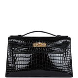 Hermes Kelly Pochette Black Shiny Porosus Crocodile Gold Hardware