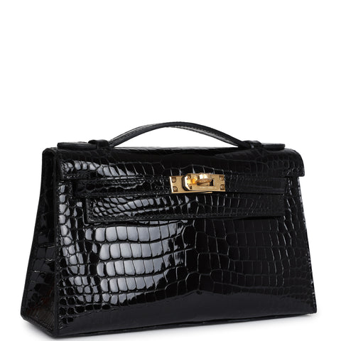 Hermes Kelly Pochette Black Shiny Porosus Crocodile Gold Hardware