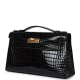 Hermes Kelly Pochette Black Shiny Porosus Crocodile Gold Hardware