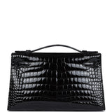 Hermes Kelly Pochette Black Shiny Porosus Crocodile Gold Hardware