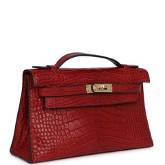 Pre-owned Hermes Kelly Pochette Rouge H Matte Alligator Permabrass Hardware