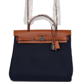 Hermes Herbag Zip PM 31 Bleu Indigo Toile H & Fauve Vache Hunter Palladium Hardware