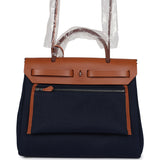 Hermes Herbag Zip PM 31 Bleu Indigo Toile H & Fauve Vache Hunter Palladium Hardware