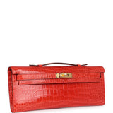 Hermes Kelly Cut Orange Poppy Shiny Porosus Crocodile Gold Hardware