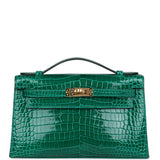 Hermes Kelly Pochette Vert Emeraude Shiny Porosus Crocodile Gold Hardware