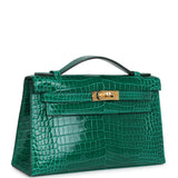 Hermes Kelly Pochette Vert Emeraude Shiny Porosus Crocodile Gold Hardware