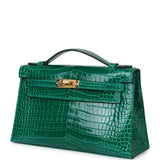 Hermes Kelly Pochette Vert Emeraude Shiny Porosus Crocodile Gold Hardware