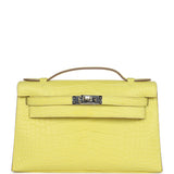 Hermes Kelly Pochette Lime Matte Alligator Palladium Hardware