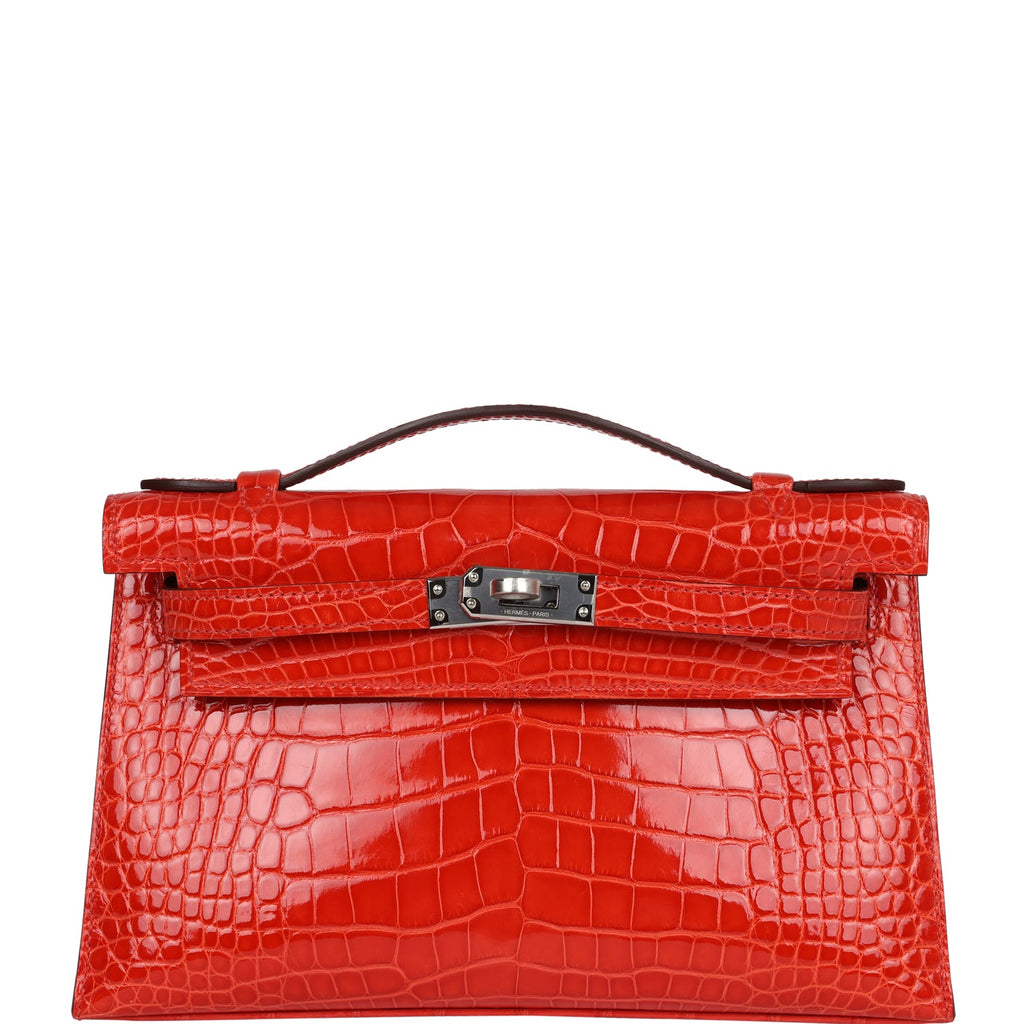 Hermes Kelly Pochette Orange Poppy Shiny Alligator Palladium