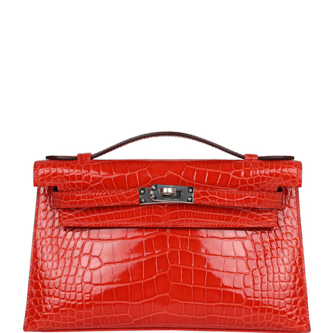 Hermes Kelly Pochette Orange Poppy Shiny Alligator Palladium Hardware