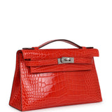 Hermes Kelly Pochette Orange Poppy Shiny Alligator Palladium Hardware