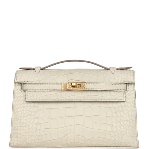 Hermes Kelly Pochette Beton Matte Alligator Gold Hardware