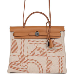Hermes Herbag Zip PM 31 "Brides de Gala" Natural Sable Berline Hunter, Ecru Toile H Canvas Palladium Hardware