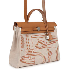 Hermes Herbag Zip PM 31 "Brides de Gala" Natural Sable Berline Hunter, Ecru Toile H Canvas Palladium Hardware