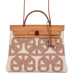Hermes Herbag Zip PM 31 "Circuit 24" Ecru Toile H Canvas, Naturel Sable Hunter Lacquered Palladium Hardware