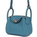 Hermes Mini Lindy Blue Jean Clemence Gold Hardware