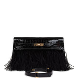 Hermes Kelly Elan Foile Black Shiny Porosus Crocodile and Ostrich Feather Gold Hardware