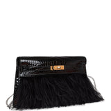 Hermes Kelly Elan Foile Black Shiny Porosus Crocodile and Ostrich Feather Gold Hardware