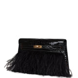 Hermes Kelly Elan Foile Black Shiny Porosus Crocodile and Ostrich Feather Gold Hardware