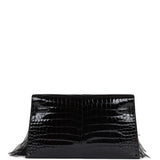 Hermes Kelly Elan Foile Black Shiny Porosus Crocodile and Ostrich Feather Gold Hardware