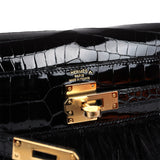 Hermes Kelly Elan Foile Black Shiny Porosus Crocodile and Ostrich Feather Gold Hardware