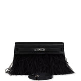 Hermes Kelly Elan Foile Black Shiny Porosus Crocodile and Ostrich Feather Palladium Hardware